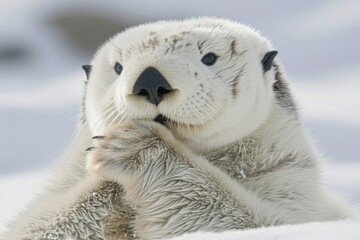 Fototapeta premium An image capturing a sea otter floating on its back, playfully using its paws to groom its fur, illustrating its playful and intelligent natur