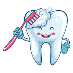 Tooth cartoon character with a toothbrush brushing. Prevention, diagnosis and treatment of tooth and gum diseases. Dental hygiene and oral care. Tooth decay prevention. Health and medicine concept