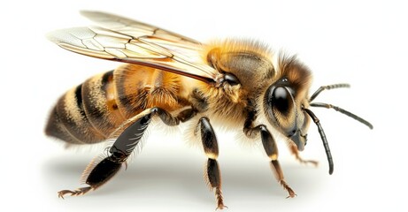 Honey Bee Close-Up on White Background Captured in Natural Light