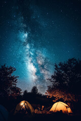 Starry night sky above a quiet campsite, with silhouettes of tents and trees against the backdrop of the Milky Way.