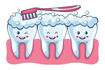 Cartoon brushing his teeth and gums with a toothbrush to keep them healthy and clean. Prevention and treatment of tooth and gum diseases. Dental hygiene and oral care. Tooth decay prevention