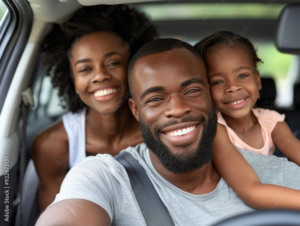 Wall mural A family smiles for a photo while riding in a car. AI.