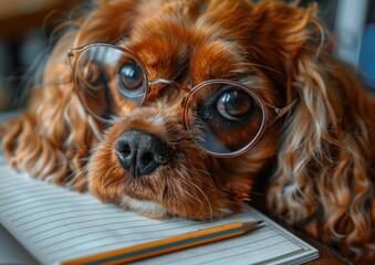 A dog wearing glasses looks at a pencil on a notebook. AI.