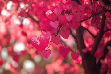 This image captures the lovely effect of heart-shaped leaves in a cherry blossom tree. The vibrant pink petals create a romantic and whimsical atmosphere.