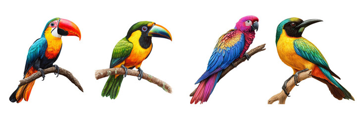 Obraz premium vibrant tropical bird perched on a branch isolated on transparent png background