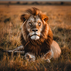 Fototapeta premium Strong and confident lion on a hill A male lion is sitting looking for his area He looks so gorgeous, majestic drone shot looking down on a male lion, Generative Ai
