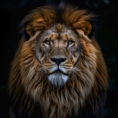 Fototapeta premium Strong and confident lion on a hill A male lion is sitting looking for his area He looks so gorgeous, majestic drone shot looking down on a male lion, Generative Ai