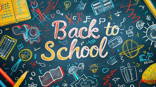 back to school colorful text banner on chalkboard