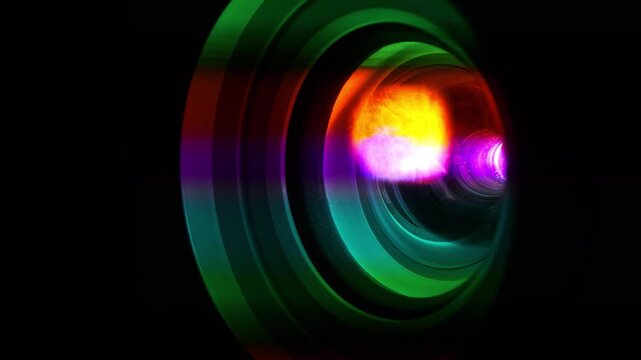 Projector lens in operation. Spectral decomposition of light. Dispersion - decomposition of light into spectral colors