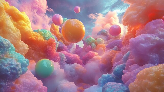 Abstract Dreamscape with Floating Orbs and Colorful Clouds
