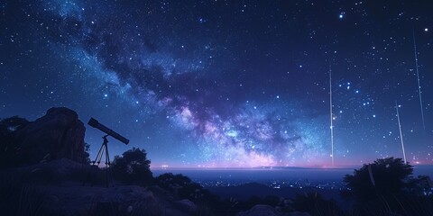 Telescopes under clear night sky for National Astronomy Day, August 10th, starry sky, cosmic view, shooting stars