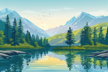 Fototapeta premium A serene mountain lake at sunset, with a clear reflection on the water and pine trees in the background. Ideal for nature lovers and photographers.