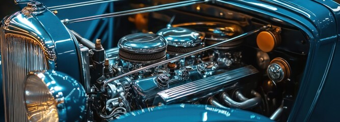 Fototapeta premium Polished Chrome Engine of a Vintage Blue Car