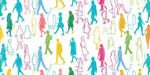 pattern of colorful line drawings depicting people's silhouettes, set against a white background Generative AI