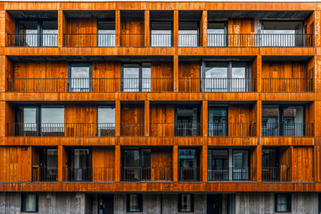 Old rust colored weathering steel clad apartment building facade, exterior design architecture