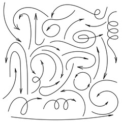  Black arrows in different directions, including those twisted in a spiral and making loops and sharp turns. Vector illustration