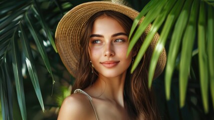 Fototapeta premium Gorgeous woman in straw hat enjoying tropical vacation, surrounded by palm trees.