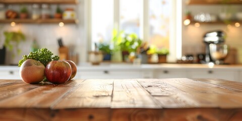 The background of this modern kitchen interior is clean, bright, and decorated with a beautiful wood table top and blurred bokeh.