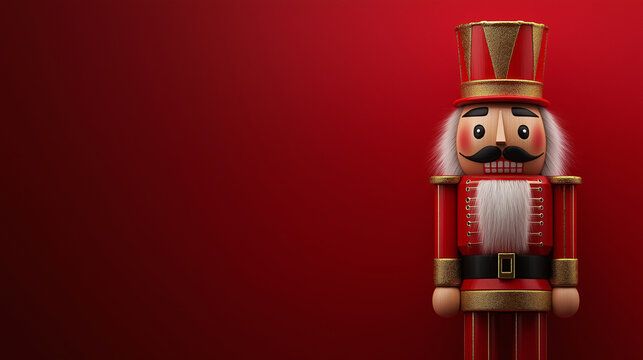 A red and gold nutcracker stands on a red background - Powered by Adobe