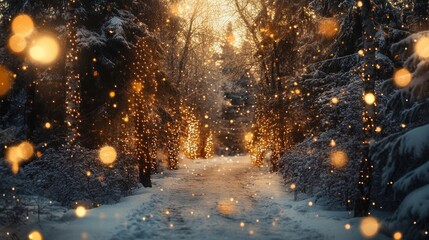 Obraz premium Snow-Covered Forest Path Adorned with Golden Lights