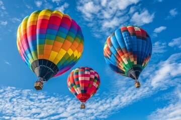 Naklejka premium An image capturing colorful hot air balloons ascending into the sky, creating a whimsical and uplifting sight during a festival or adventur