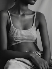 Young Woman in Casual Wear Posing Thoughtfully in Black and White