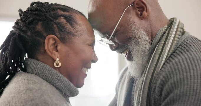 Black couple, forehead or love in home to relax for support, bond with trust, care or comfort. Elderly, happy or African people together in marriage or retirement with commitment, smile or peace