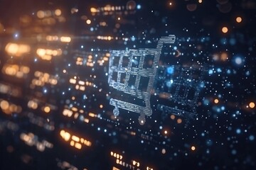 The image portrays a digital, futuristic concept with a focus on advanced technology and cyberpunk themes.