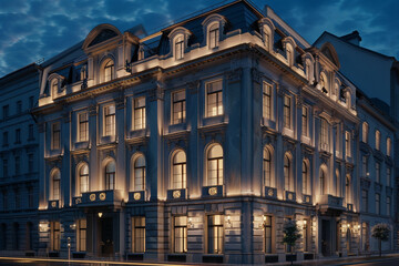 Naklejka premium Illuminated Neoclassical Building in the Twilight