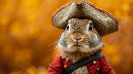 A bunny dressed as a pirate with an autumn background.