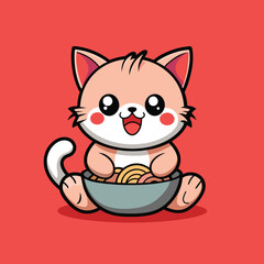 cute cat eats ramen surprised face vector isolated