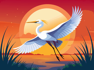 rande aigrette volant au coucher du soleil