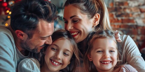 Obraz premium Man and woman kissing their children on the cheek during holiday season