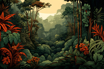 Fototapeta premium jungle wallpaper background illustration, wallpaper illustration jungle style, tropical jungle vibe