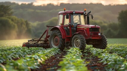 Obraz premium 3d Farm with tractor and crops isolated. Tractor harvesting on piece of farm land. Farm island, Smart farming concept design. ai generated