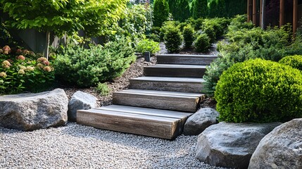 A beautiful garden with steps made of wood and gray gravel
