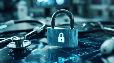 A padlock symbolizes the importance of safeguarding healthcare data in hospitals, highlighting the need to maintain patient confidentiality and enforce strong data protection measures