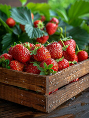 Fresh strawberries in a wooden crate with leaves in background.