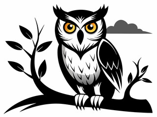 Chouette perché sur branche en noir et blanc