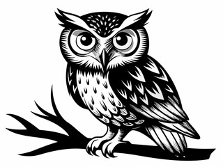 Chouette perché sur branche en noir et blanc