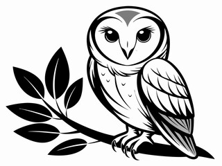 Chouette perché sur branche en noir et blanc