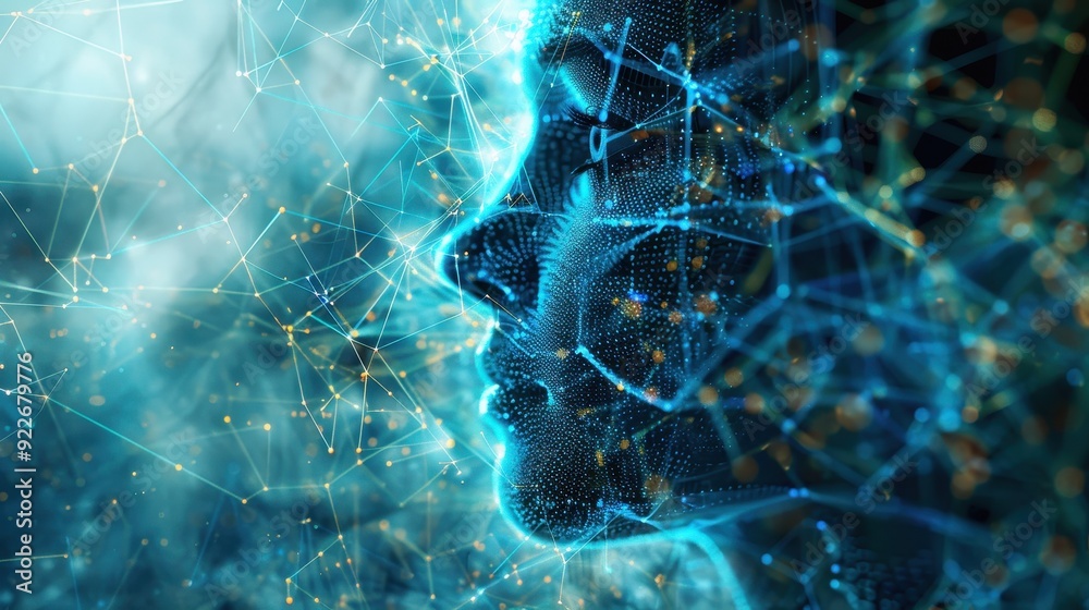 Poster digital rendering of a woman's face interwoven with complex neural network patterns.