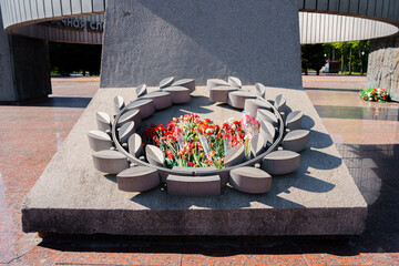 Eternal flame in the middle of red carnations and different colors, Victory Day holiday on May 9th...