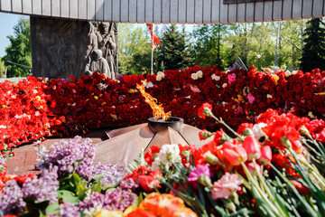 Eternal flame in the middle of red carnations and different colors, Victory Day holiday on May 9th in Russia.