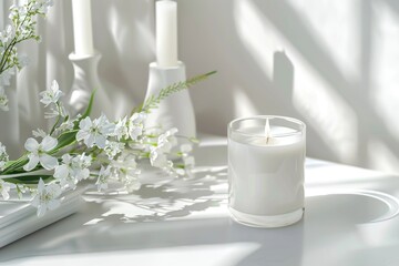 This image features a single white votive candle on a white table with a flower arrangement, creating a serene and fresh spring atmosphere.