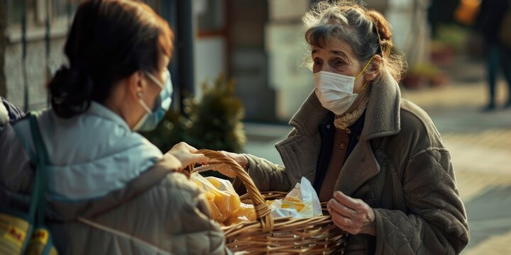 A woman in a face mask talking to a street vendor, emphasizing the importance of hygiene and safety measures during public interactions. - Powered by Adobe
