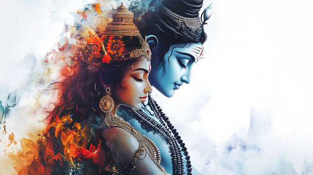 Beautiful digital painting of lord Shiva and Parvati in a divine embrace on a white background perfect for art lovers