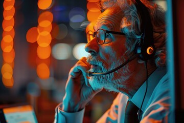 An operator in a professional black headset and attire, looking frustrated at the screen during an intense business call.