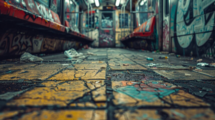 Fototapeta premium Graffiti-covered subway with cracked tiles and trash strewn around