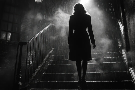 Woman walking up stairs. Dark city street. Rainy weather. Classic Noir movie look.